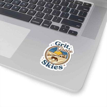 Grit & Grace Skies cowgirl ranch sticker on white paper, featuring Western-style design and vibrant country-themed artwork.