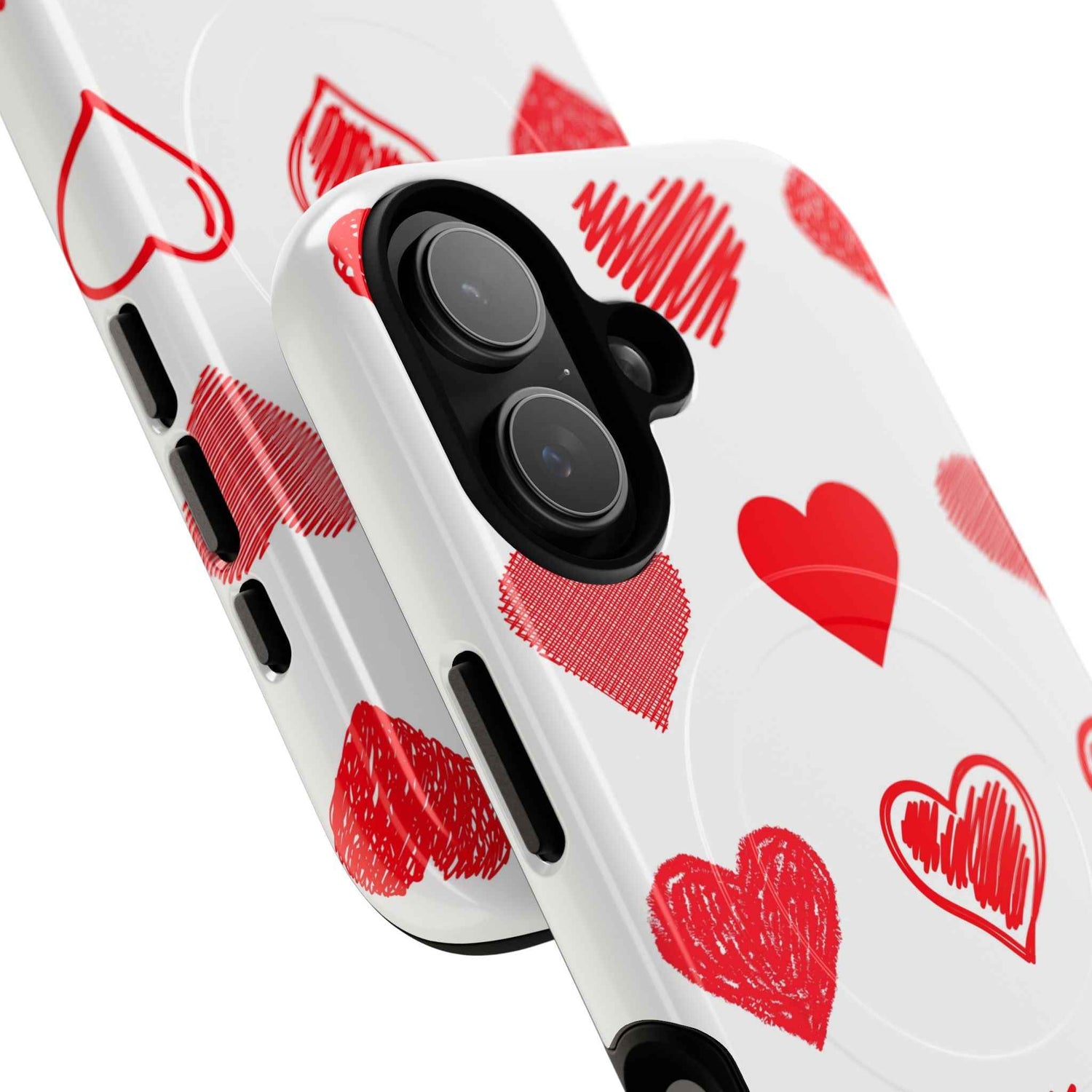 Glossy Printify iPhone 17 MagSafe phone case with heart pattern and dual-layer shield for protection and style.
