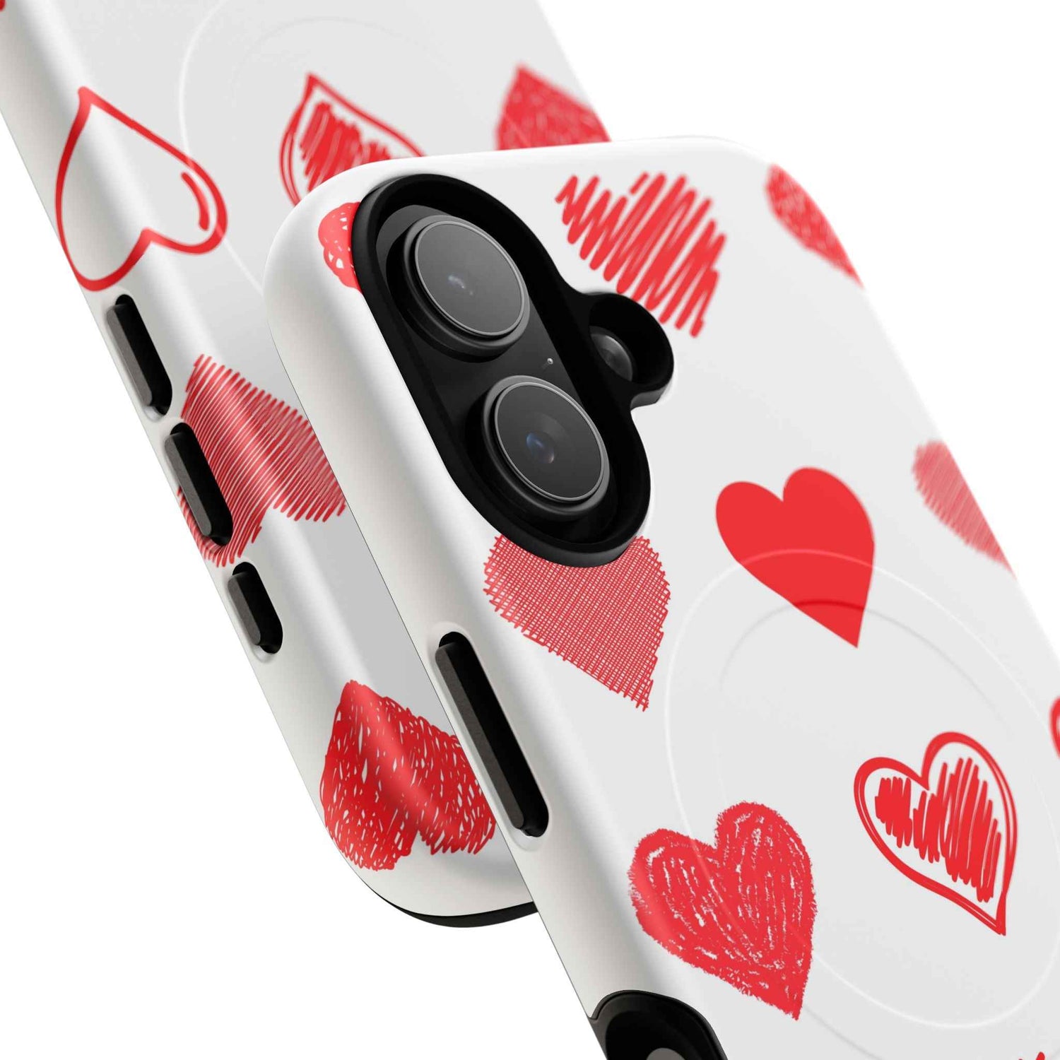 Glossy iPhone 17 MagSafe phone case with heart pattern and dual-layer shield from Printify, designed for stylish protection.