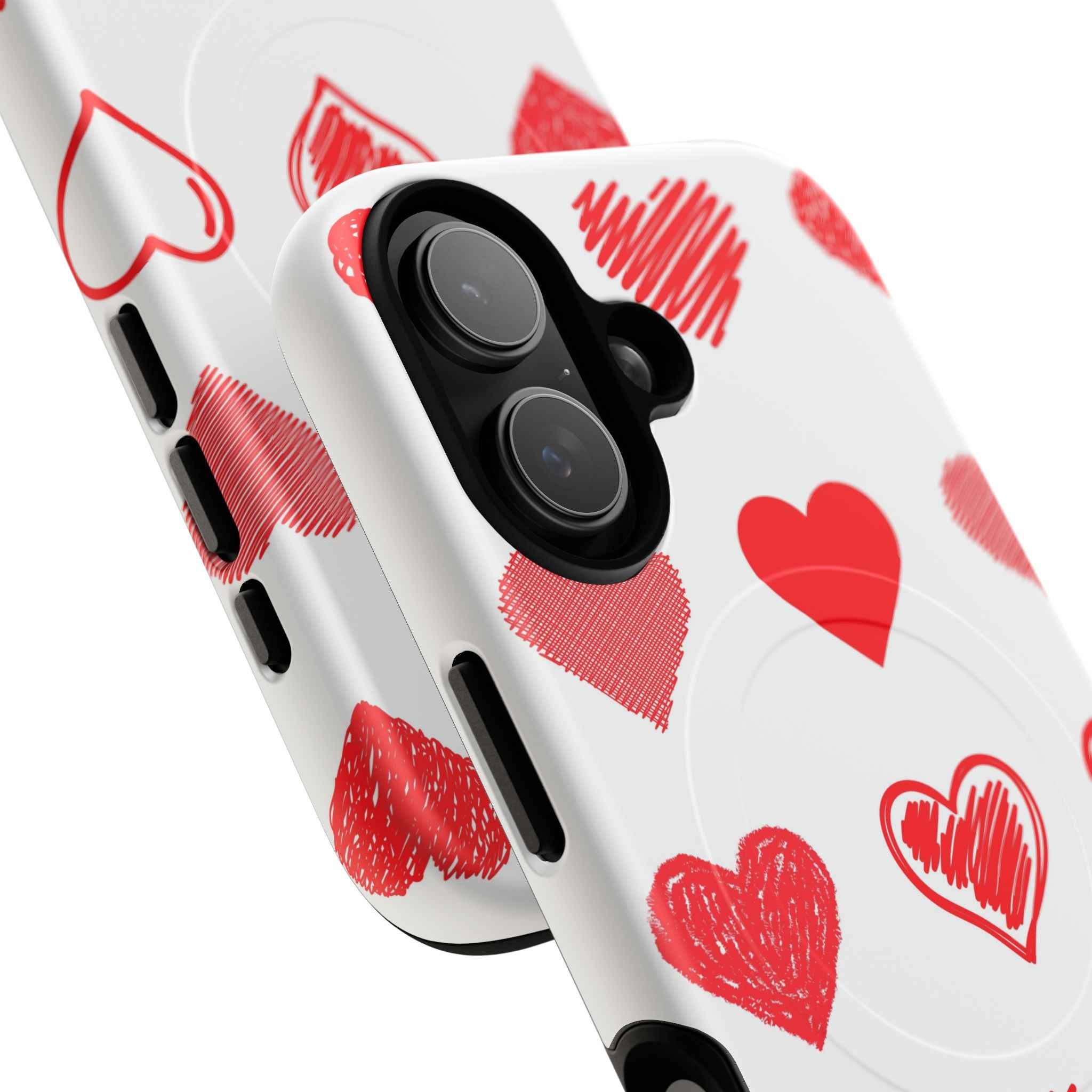 Glossy iPhone 17 MagSafe phone case with heart pattern and dual-layer shield from Printify, designed for stylish protection.