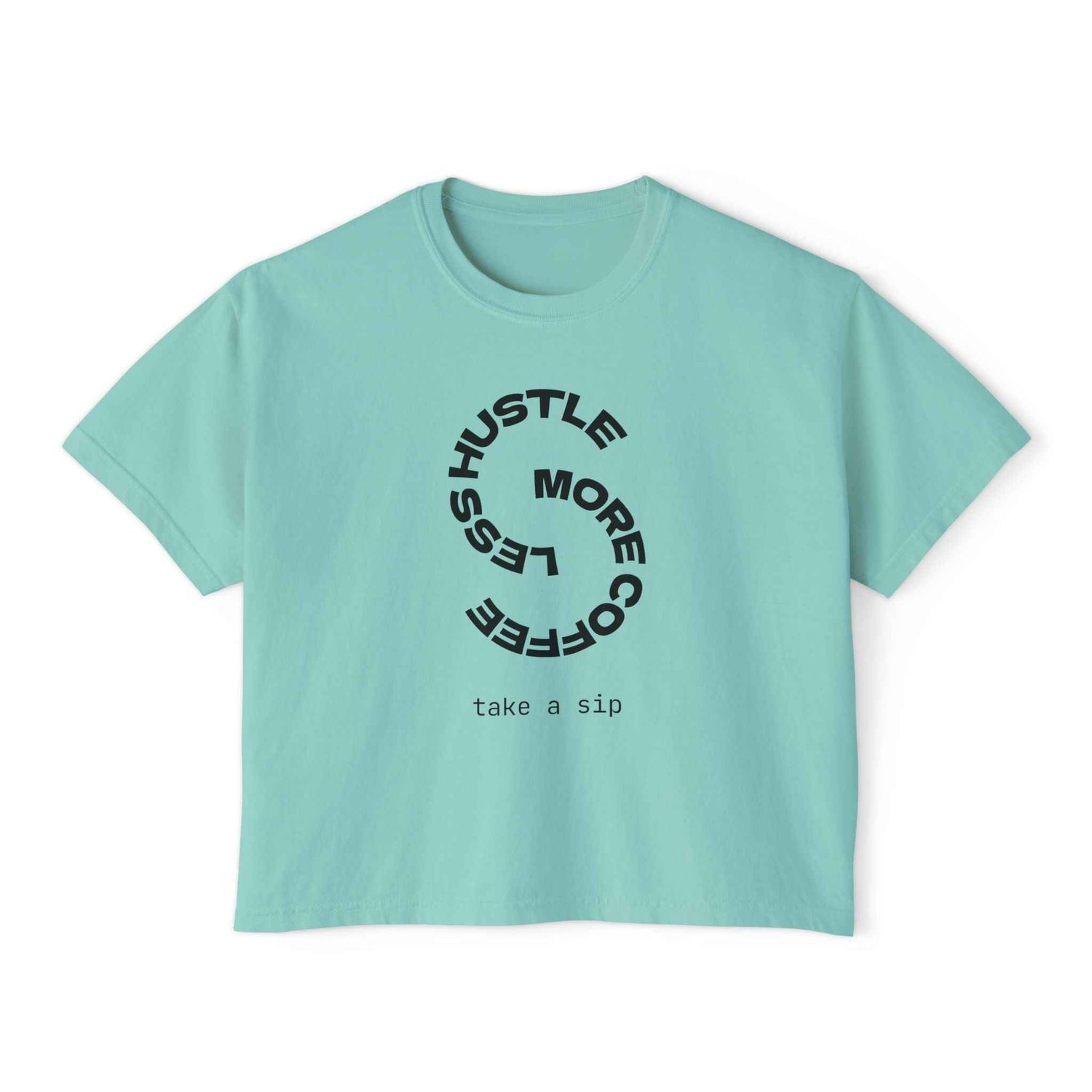 Women’s chalky mint coffee slogan crop T-shirt by Printify, boxy vintage style, featuring a casual, relaxed fit and printed graphic design.
