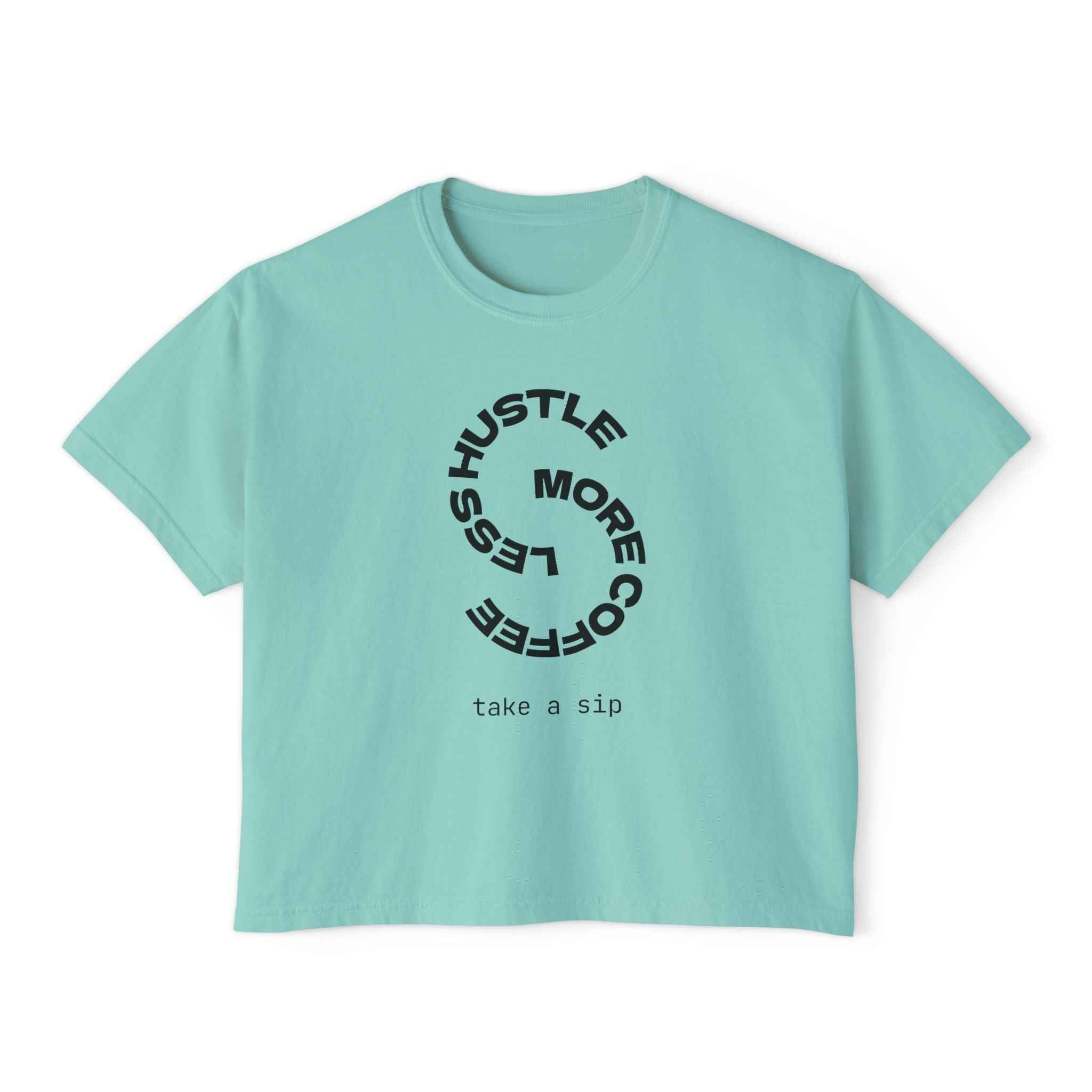 Women’s chalky mint coffee slogan crop T-shirt by Printify, boxy vintage style, featuring a casual, relaxed fit and printed graphic design.