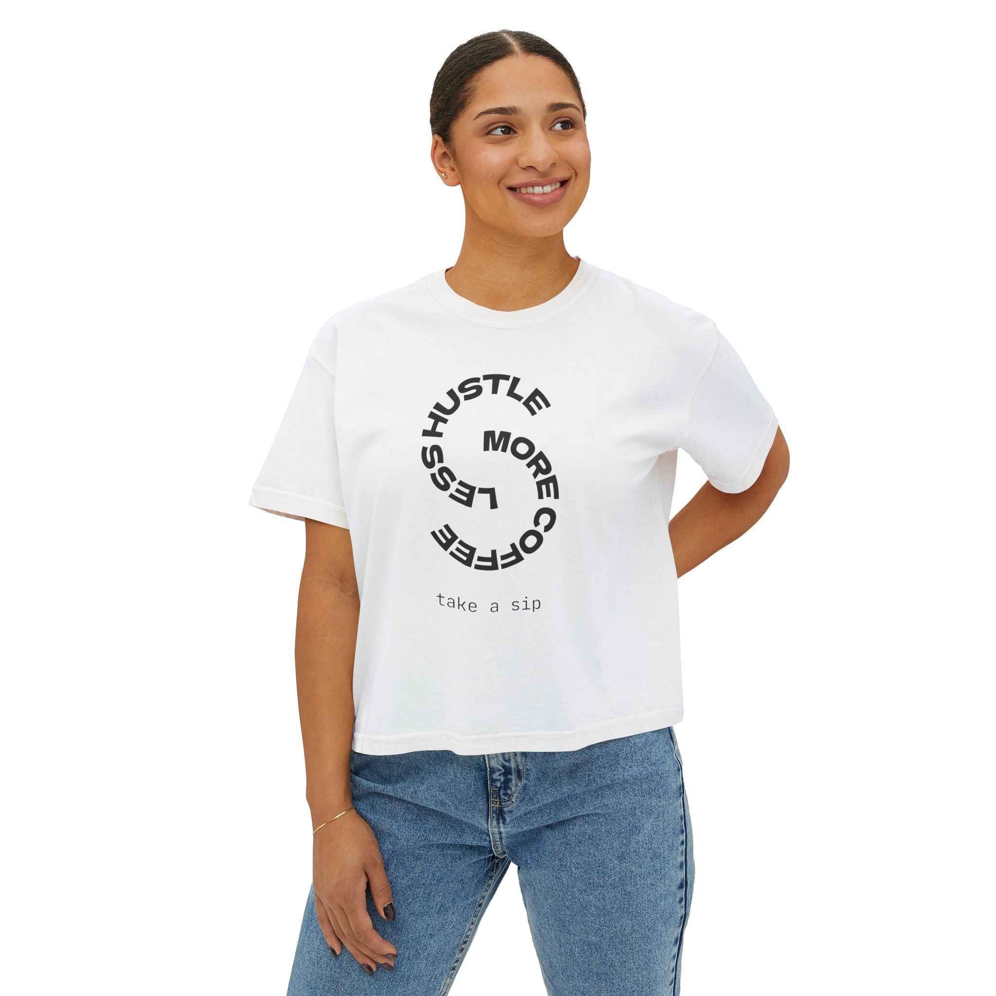 Women’s coffee slogan crop T-shirt in chalky mint with vintage boxy style from Printify, featuring a casual, cropped fit and coffee-themed print.
