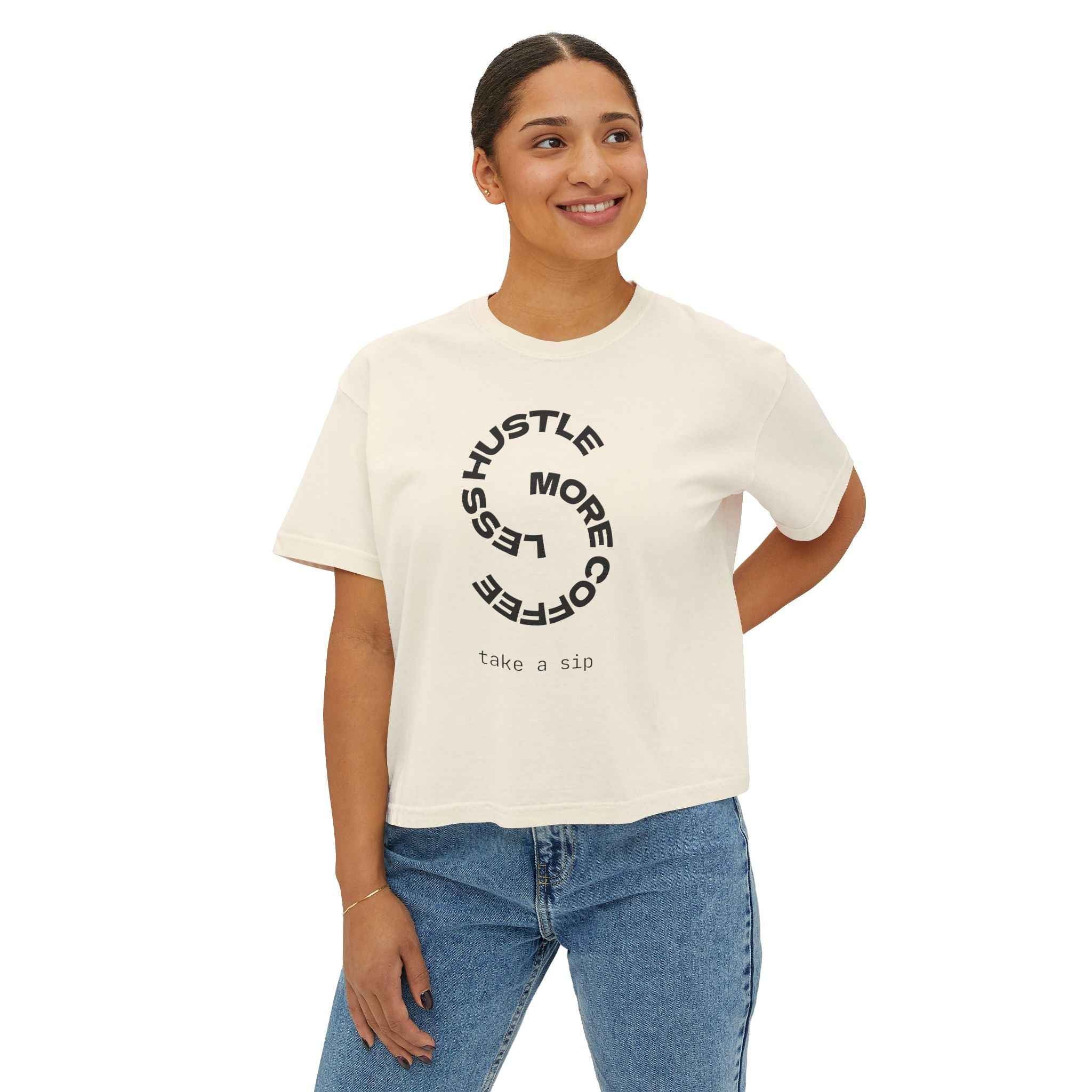 Women’s chalky mint crop tee with coffee slogan in vintage boxy style, fashionably designed by Printify.