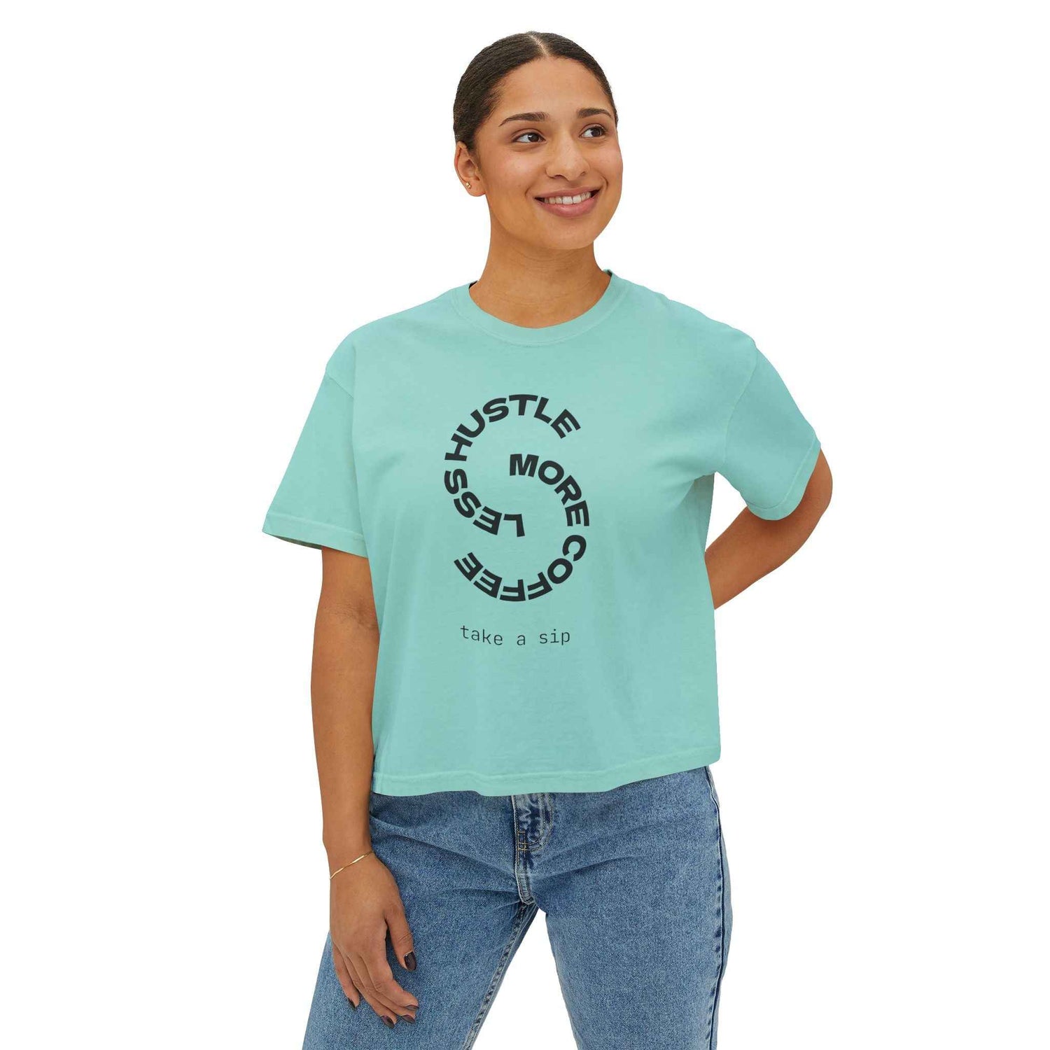 Women’s chalky mint coffee slogan crop T-shirt by Printify, boxy vintage style, featuring printed coffee-themed design.