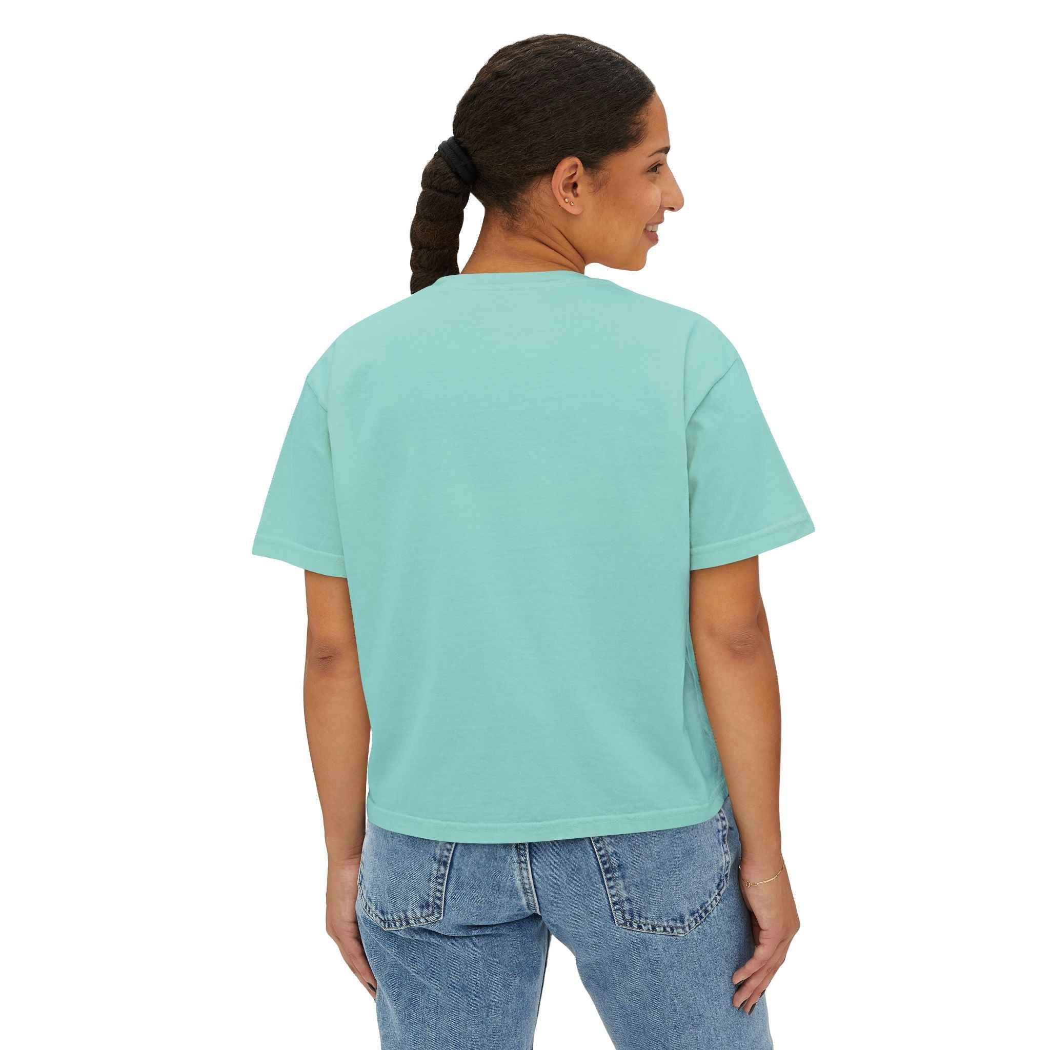 Women’s chalky mint coffee slogan crop T-shirt by Printify featuring a boxy vintage style and relaxed fit.