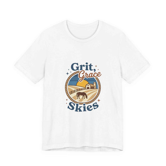 Black Grit Grace Skies T-Shirt featuring western cowgirl and rustic prairie vintage design, made by Printify.