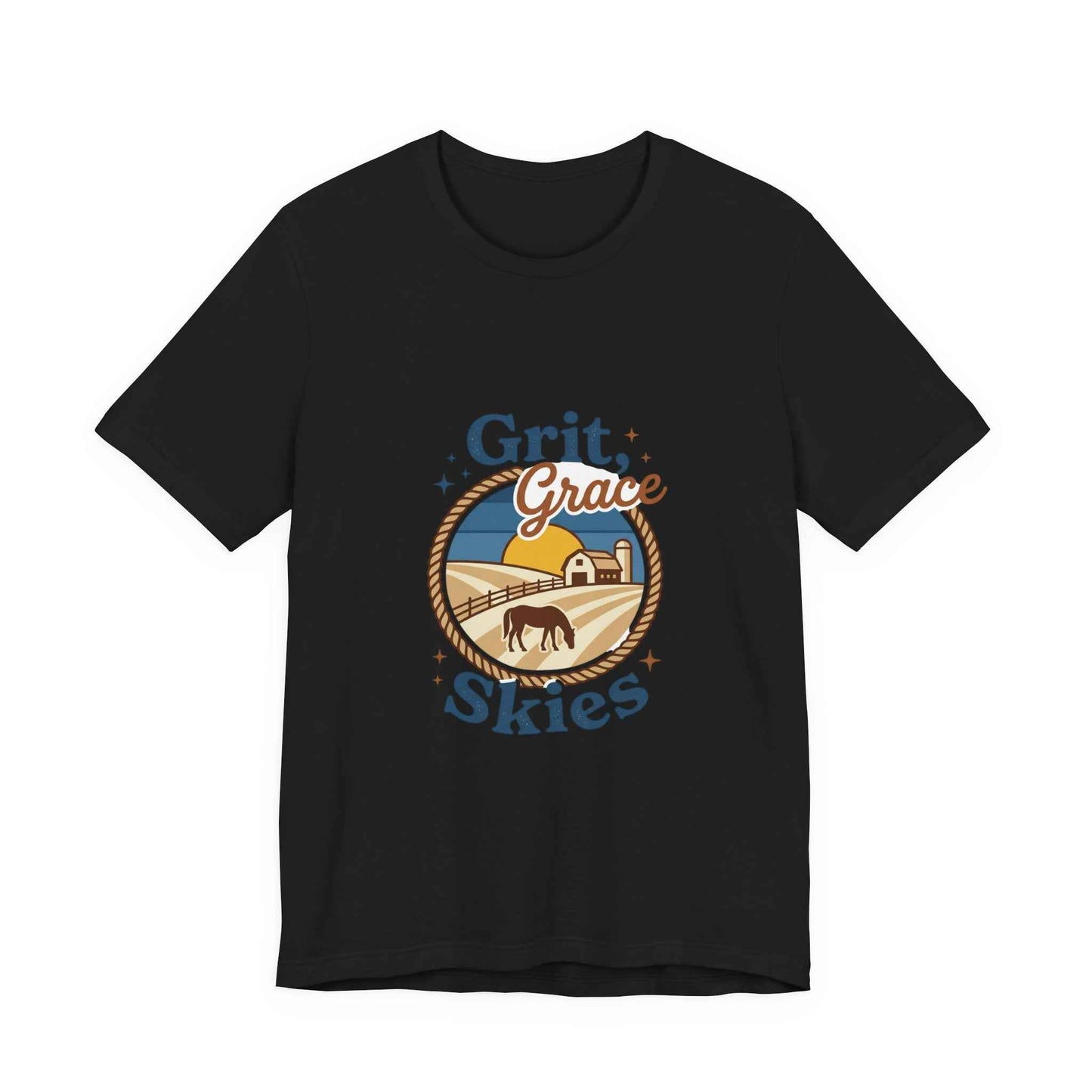 Black Grit Grace Skies T-Shirt featuring western cowgirl and rustic prairie vintage design, made by Printify.