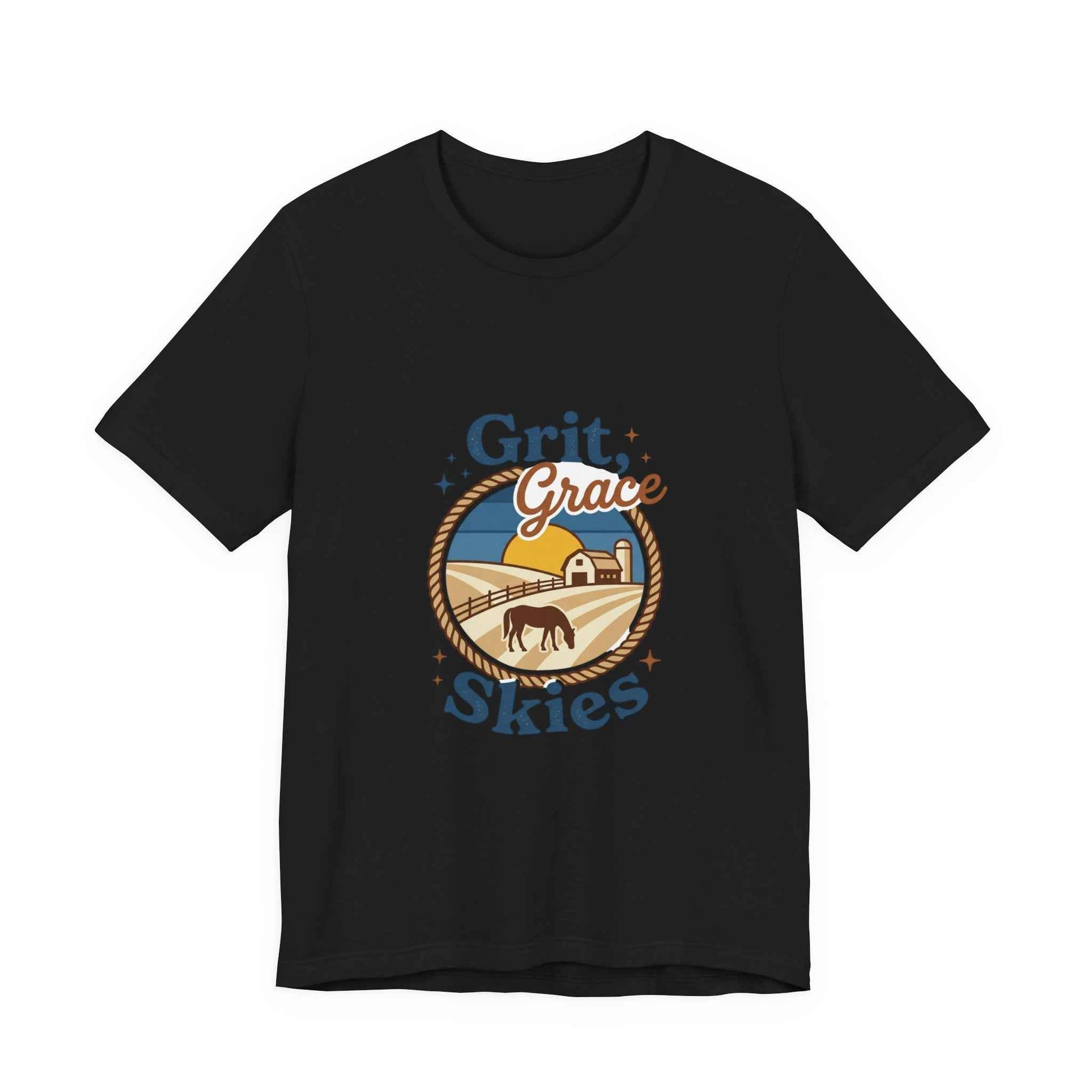 Black Grit Grace Skies T-Shirt featuring western cowgirl and rustic prairie vintage design, made by Printify.