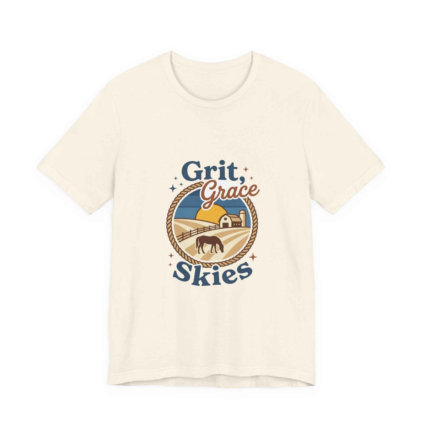 Black Grit Grace Skies T-Shirt featuring western cowgirl, ranch, rustic prairie vintage design, by Printify.