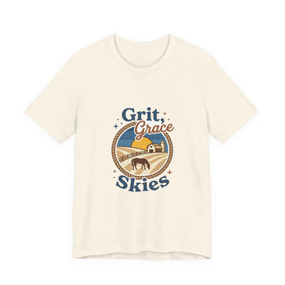 Black Grit Grace Skies T-Shirt featuring western cowgirl, ranch, rustic prairie vintage design, by Printify.