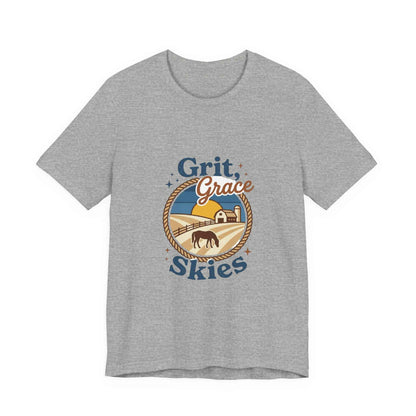 Black Grit Grace Skies T-Shirt featuring western cowgirl, ranch, rustic prairie vintage design, casual fit, front graphic.
