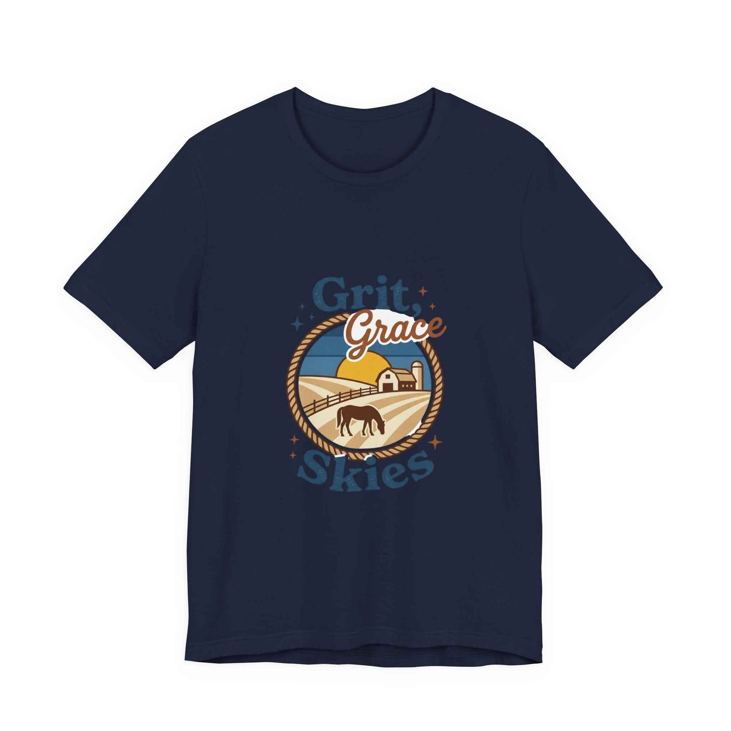 Black Grit Grace Skies T-Shirt featuring Western cowgirl and rustic prairie vintage design by Printify.