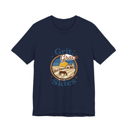 Black Grit Grace Skies T-Shirt featuring Western cowgirl and rustic prairie vintage design by Printify.