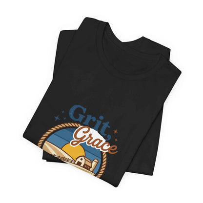 Black Grit Grace Skies T-shirt with Western cowgirl ranch rustic prairie vintage design, featuring a classic crew neck and short sleeves.