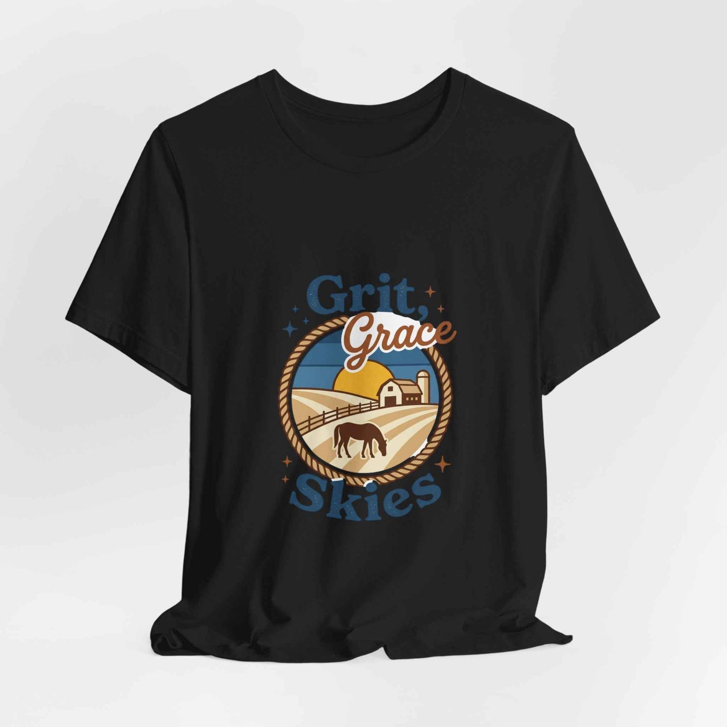 Black Grit Grace Skies T-Shirt featuring western cowgirl ranch rustic prairie vintage design by Printify.