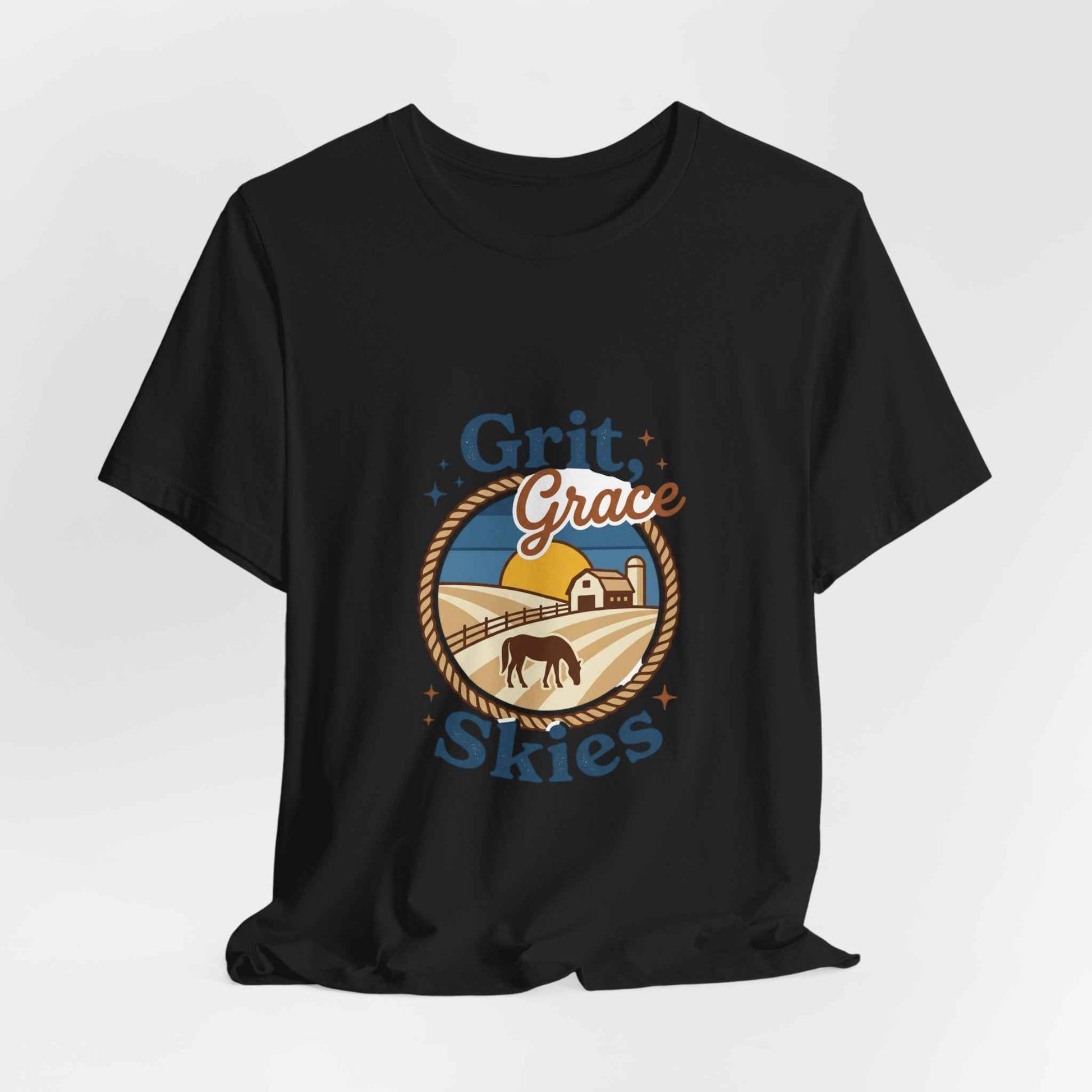 Black Grit Grace Skies T-Shirt featuring western cowgirl ranch rustic prairie vintage design by Printify.