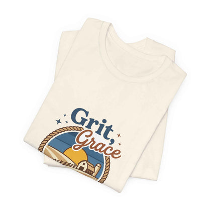 Black Grit Grace Skies T-Shirt featuring Western cowgirl ranch rustic prairie vintage design by Printify.