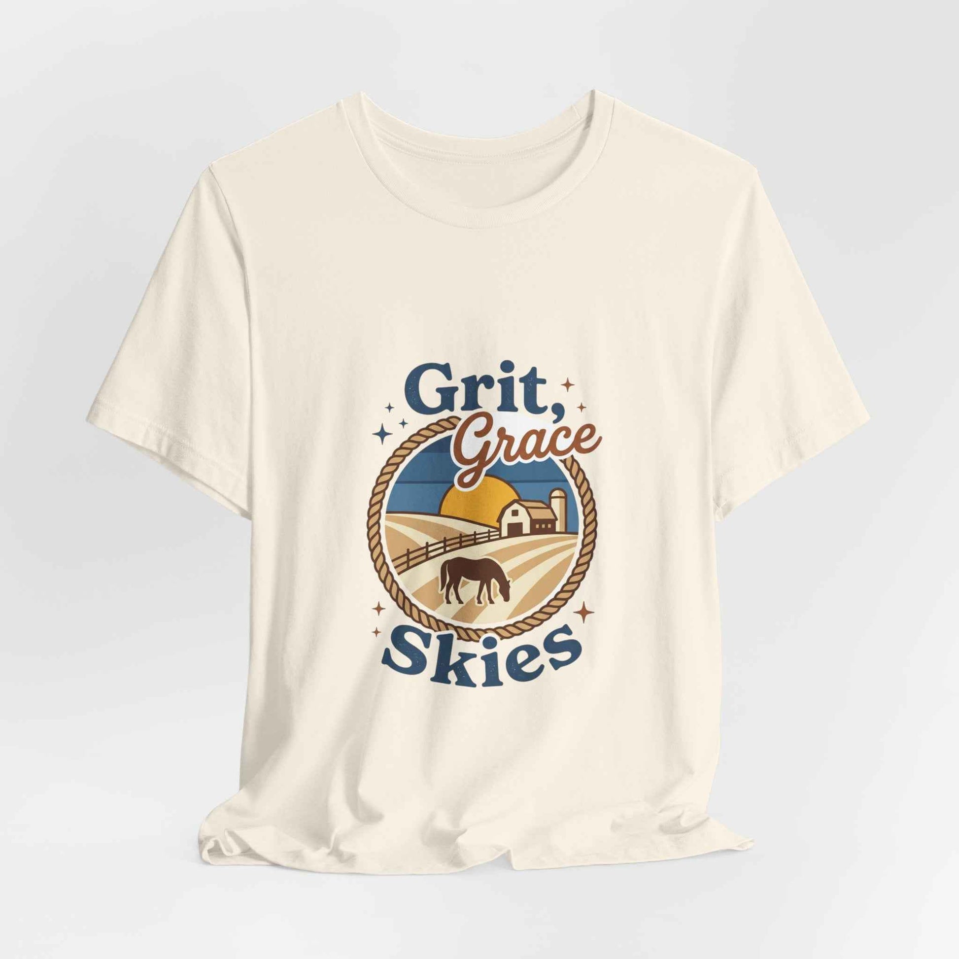 Black Grit Grace Skies T-Shirt featuring western cowgirl and rustic prairie vintage design, made by Printify.
