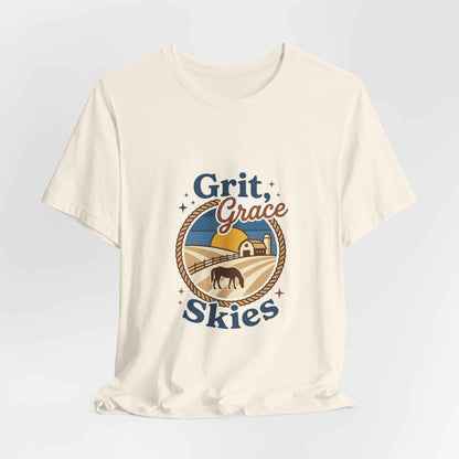 Black Grit Grace Skies T-Shirt featuring western cowgirl and rustic prairie vintage design, made by Printify.
