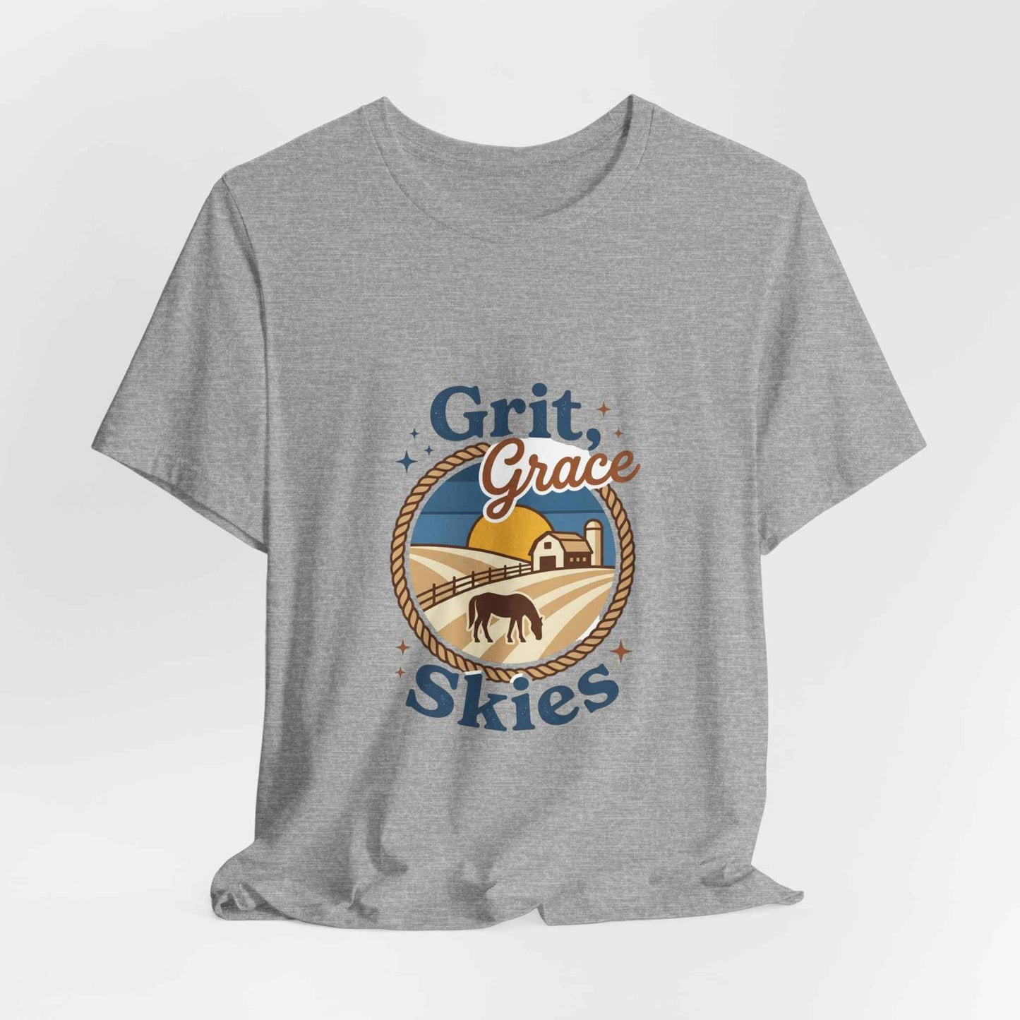 Black Grit Grace Skies T-Shirt featuring Western cowgirl ranch rustic prairie vintage design, made by Printify.