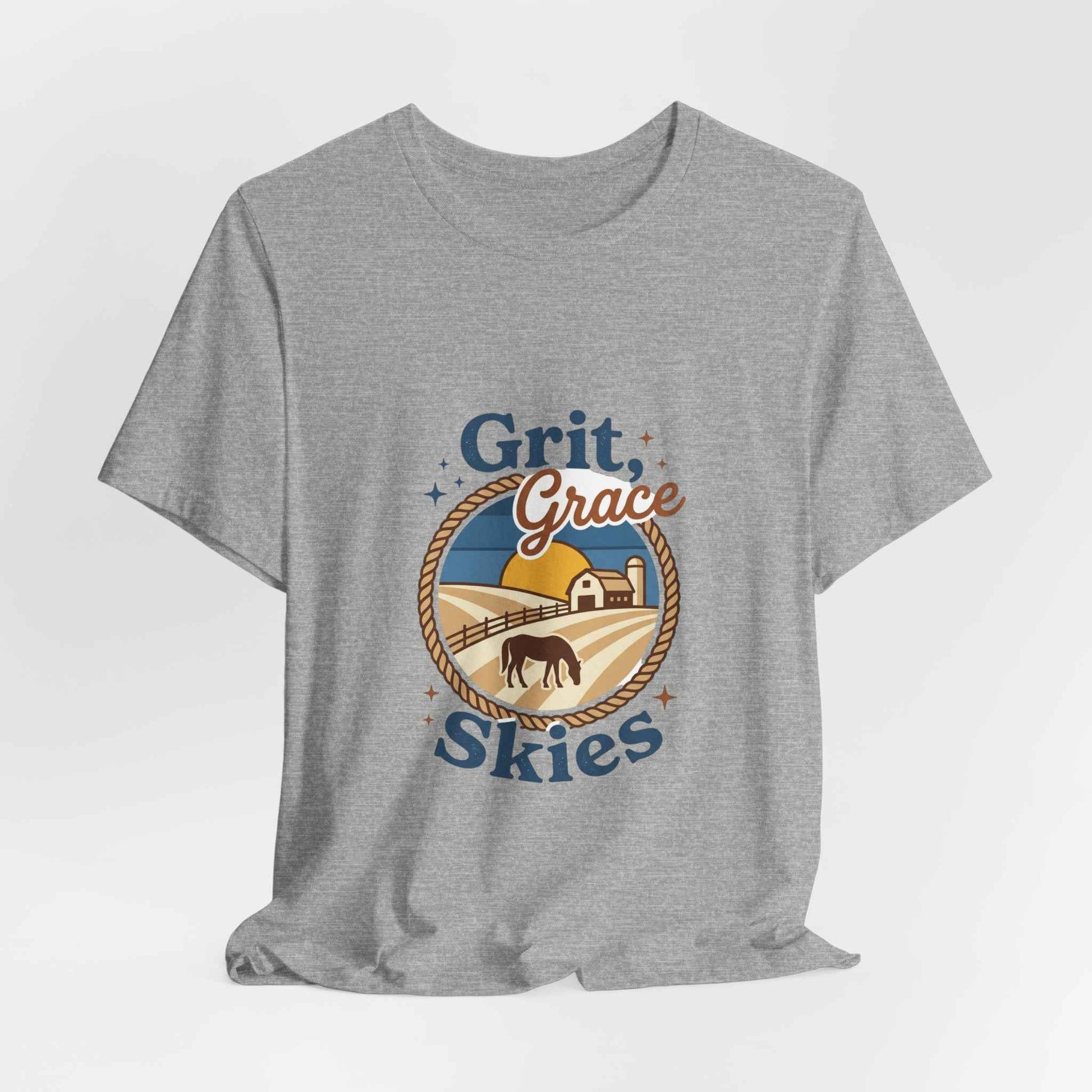 Black Grit Grace Skies T-Shirt featuring Western cowgirl ranch rustic prairie vintage design, made by Printify.