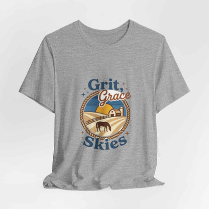 Black Grit Grace Skies T-Shirt featuring Western cowgirl ranch rustic prairie vintage design, made by Printify.