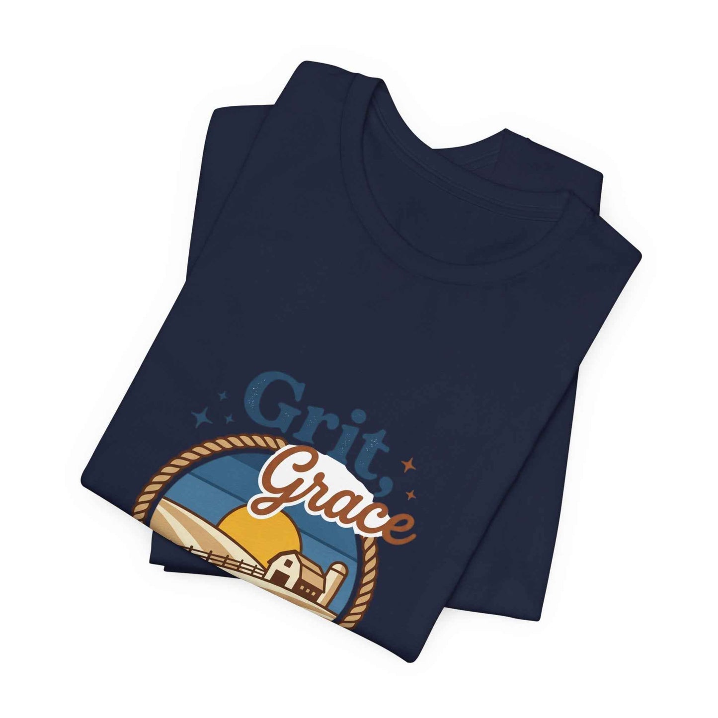 Black Grit Grace Skies T-Shirt featuring Western cowgirl ranch rustic prairie vintage design, shown on a model.