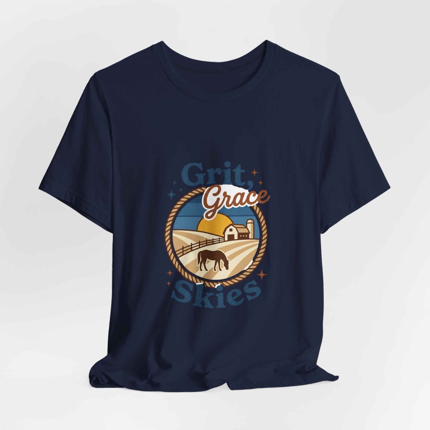 Black Grit Grace Skies T-shirt featuring western cowgirl, ranch, rustic prairie vintage design, casual short-sleeve tee by Printify.