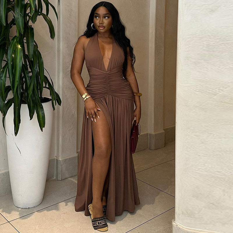Dark brown Ragazza women's sleeveless dress with deep V neckline, side slit, and cinched waist for a casual yet sexy look.