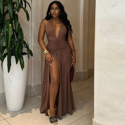 Dark brown Ragazza women's sleeveless dress with deep V neckline, side slit, and cinched waist for a casual yet sexy look.