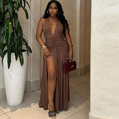 Ragazza women's dark brown sleeveless dress with deep V neckline, split design, casual fit, and waist control for a sleek look.