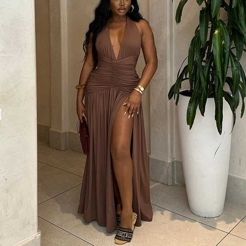 Dark brown Ragazza women's sleeveless dress with deep V neckline, side split, and fitted waist for a casual, stylish look.