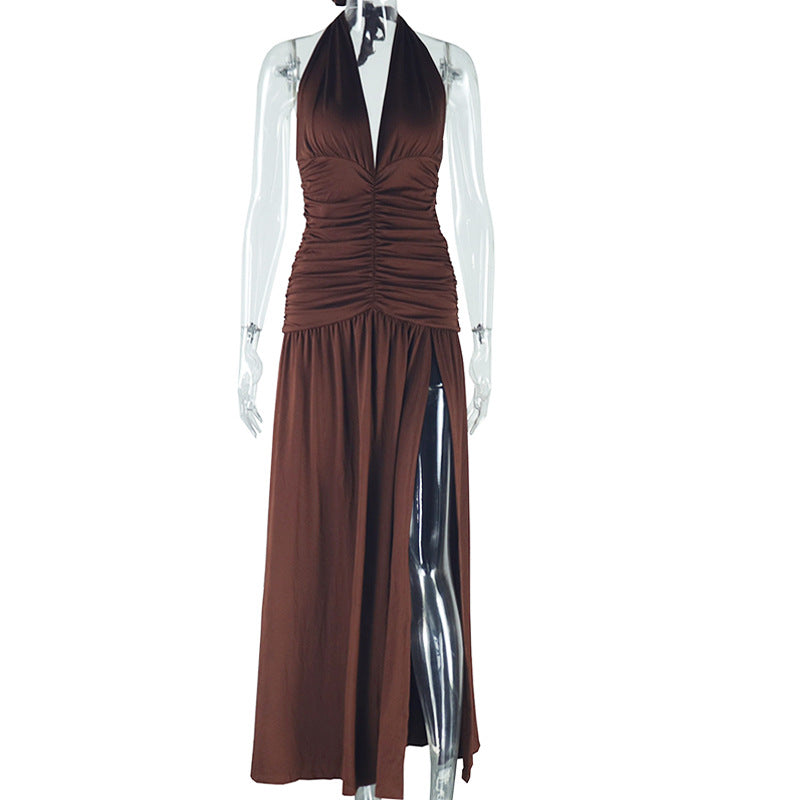 Dark brown Ragazza women's sleeveless dress with deep V neckline, side split, and casual waist control, perfect for stylish occasions.