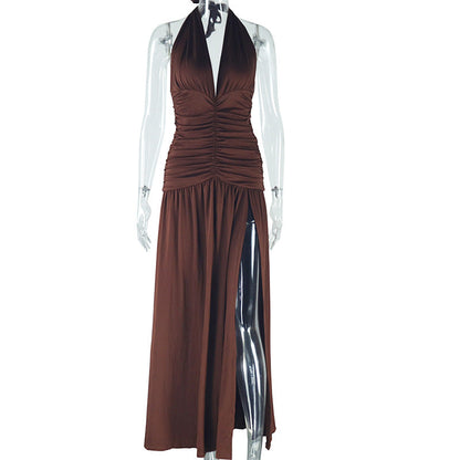 Dark brown Ragazza women's sleeveless dress with deep V neckline, side split, and casual waist control, perfect for stylish occasions.