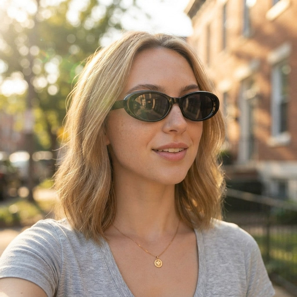 Black oval sunglasses with UV protection from Redemption by Ashley North, featuring a sleek, modern design.
