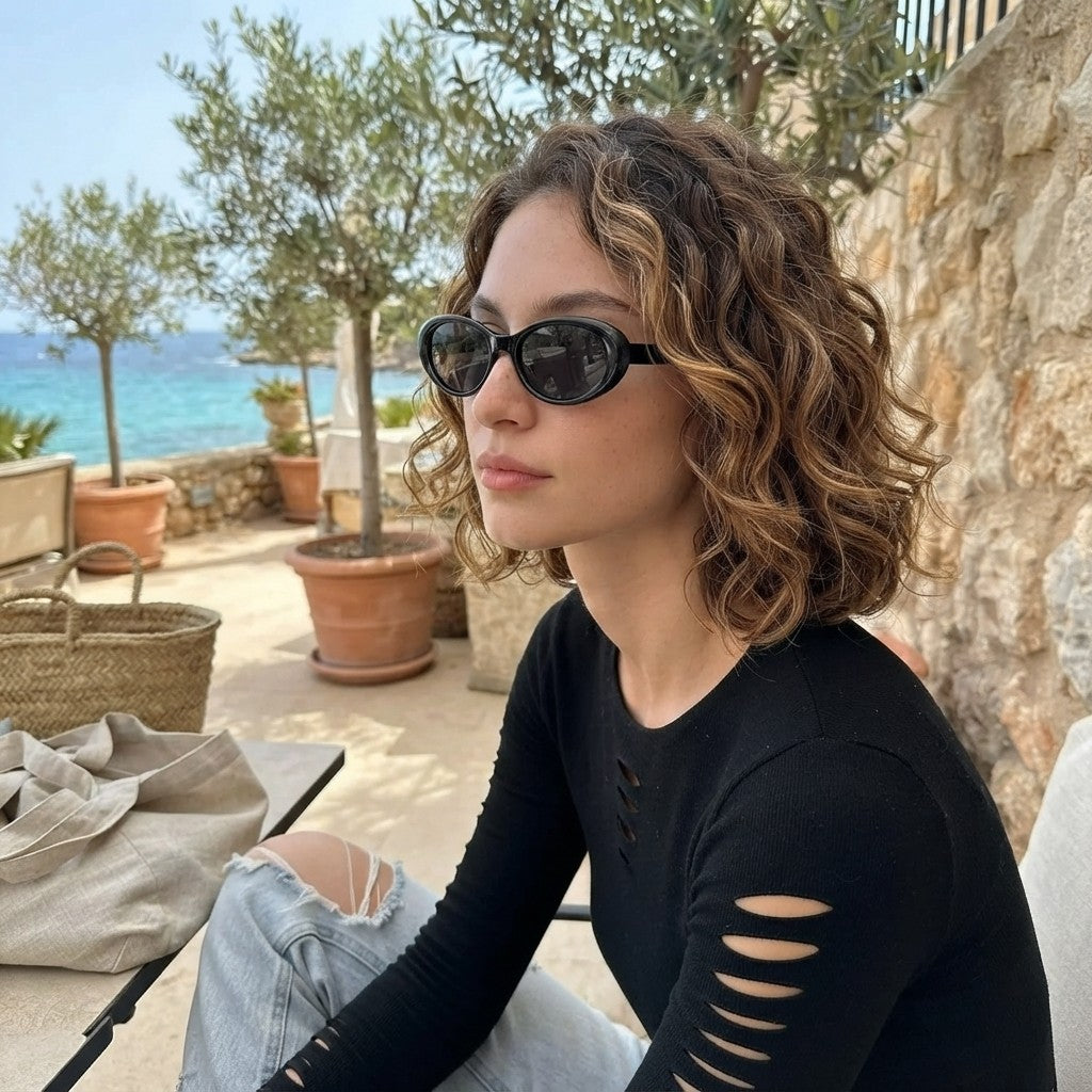 Black oval sunglasses with UV protection from Redemption by Ashley North, featuring a sleek, fashionable design.