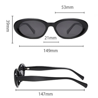Black oval sunglasses with UV protection from Redemption By Ashley North, shown on a white background.