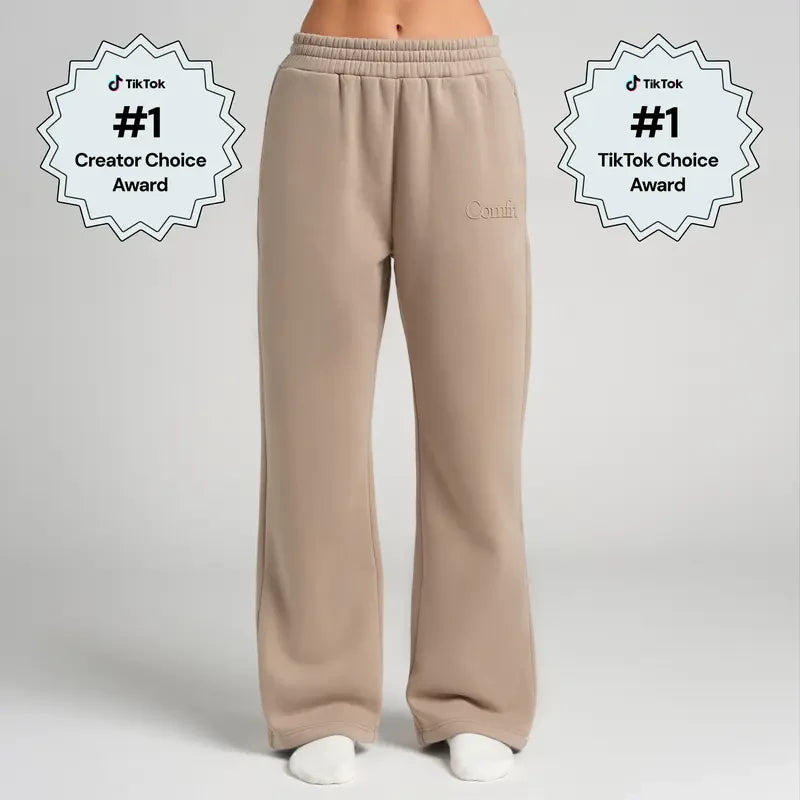Chocolate milk-colored minimalist straight leg sweatpants by Redemption By Ashley North, shown on a neutral background.