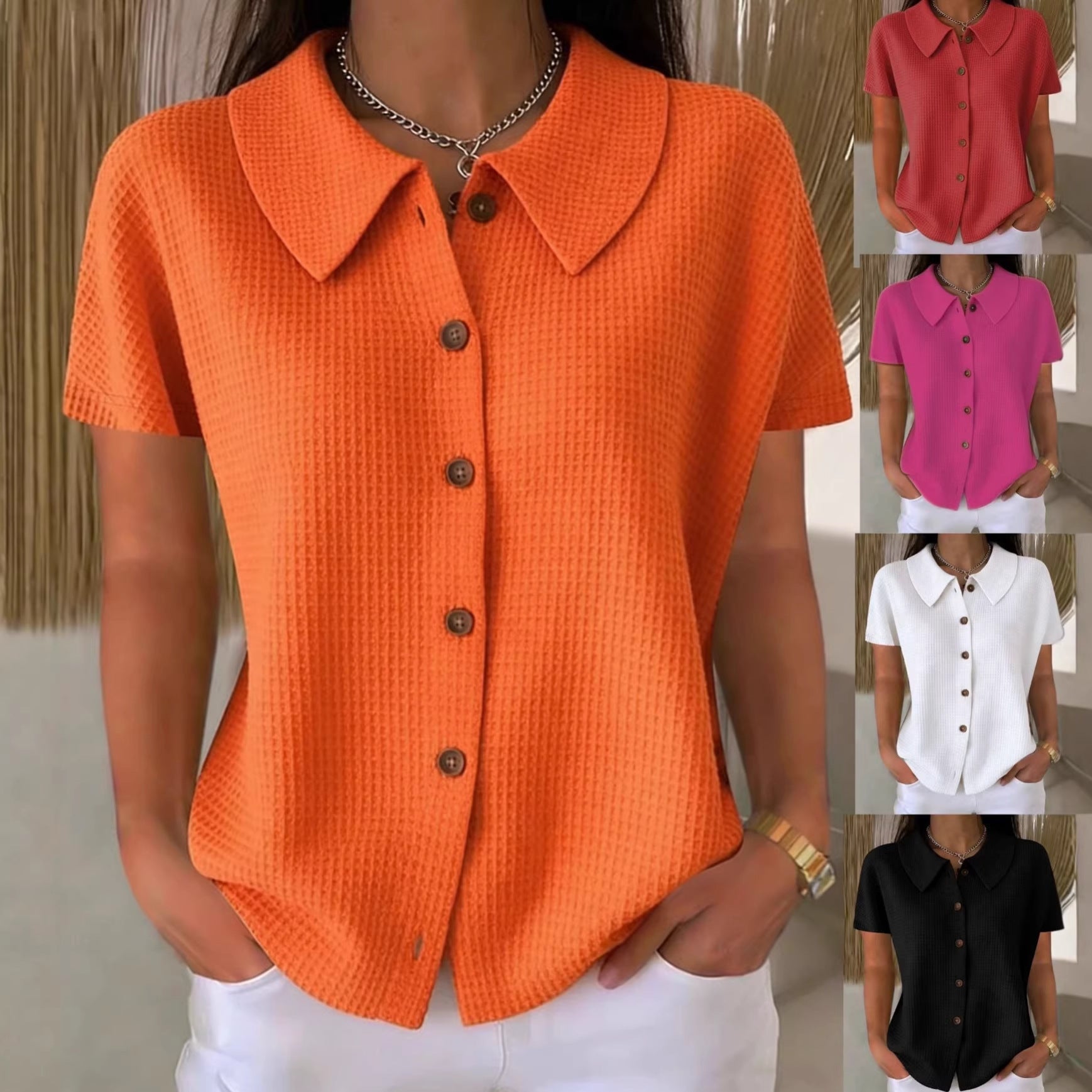 Women's waffle weave cotton blend short sleeve blouse with turn-down collar, casual loose fit summer top by Redemption by Ashley North.