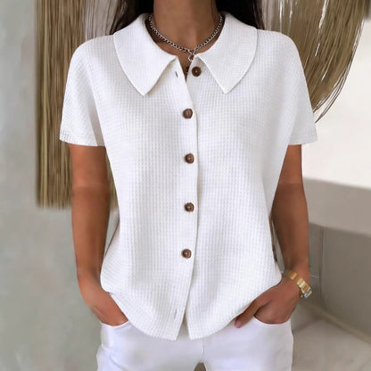 Women's waffle weave casual short sleeve blouse with turn-down collar, loose fit cotton blend summer top by Redemption By Ashley North