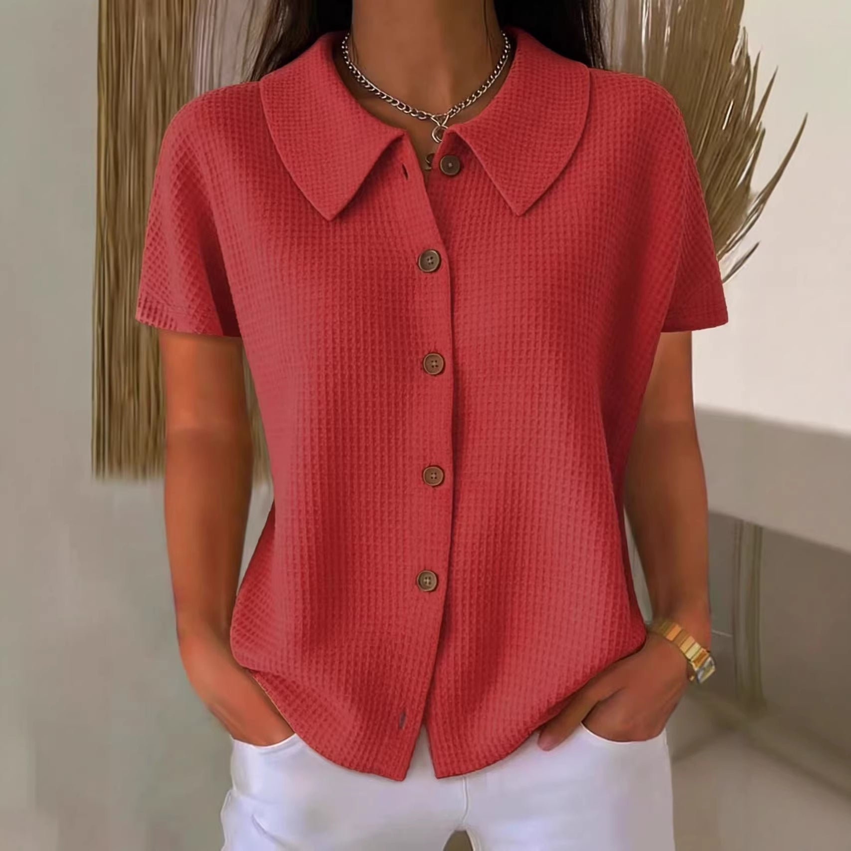 Redemption By Ashley North women's waffle weave cotton blend short sleeve blouse with turn-down collar, casual loose fit summer top.