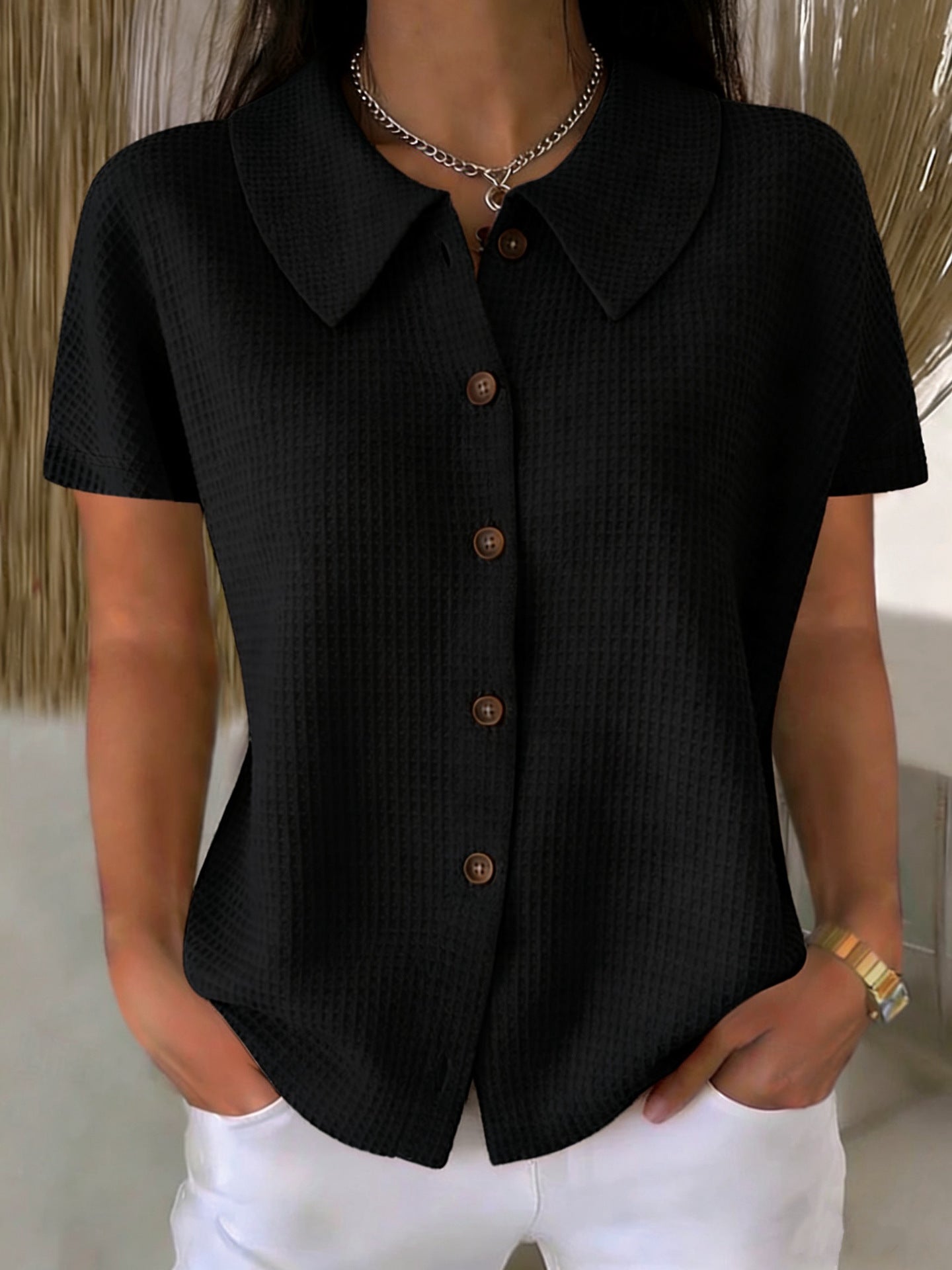 Women's waffle weave casual short sleeve blouse with turn-down collar, loose fit cotton blend summer top, in an image showcasing its design.