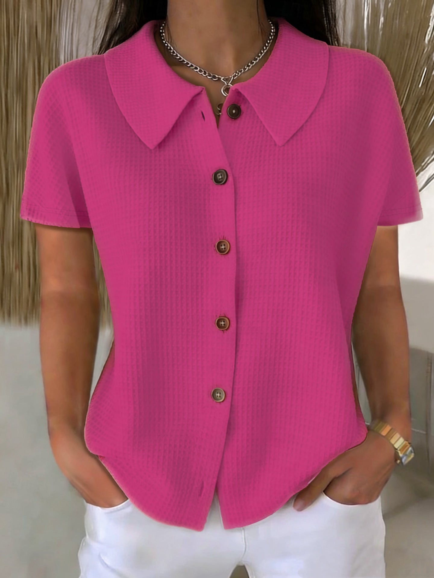 Women's waffle weave short sleeve blouse with turn-down collar, loose fit cotton blend fabric, casual summer top by Redemption by Ashley North