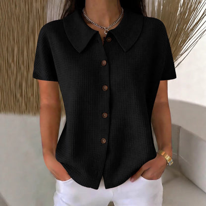 Women's waffle weave cotton blend summer blouse with turn-down collar, short sleeves, loose fit, casual style by Redemption By Ashley North.