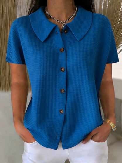 Women's waffle weave casual short sleeve blouse with turn-down collar, loose fit cotton blend summer top by Redemption by Ashley North.