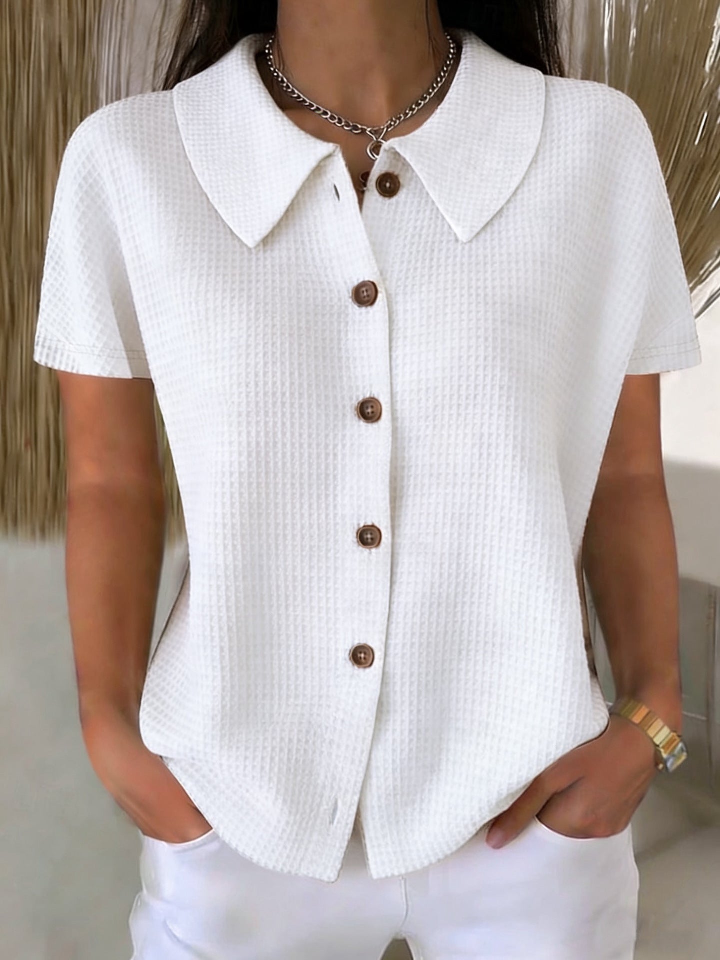 Women's waffle weave cotton blend casual short sleeve blouse with turn-down collar, loose fit summer top by Redemption By Ashley North.