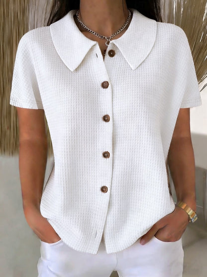 Women's waffle weave cotton blend casual short sleeve blouse with turn-down collar, loose fit summer top by Redemption By Ashley North.