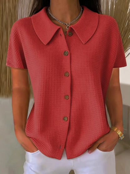 Women's waffle weave casual short sleeve blouse with turn-down collar, loose fit cotton blend summer top by Redemption By Ashley North