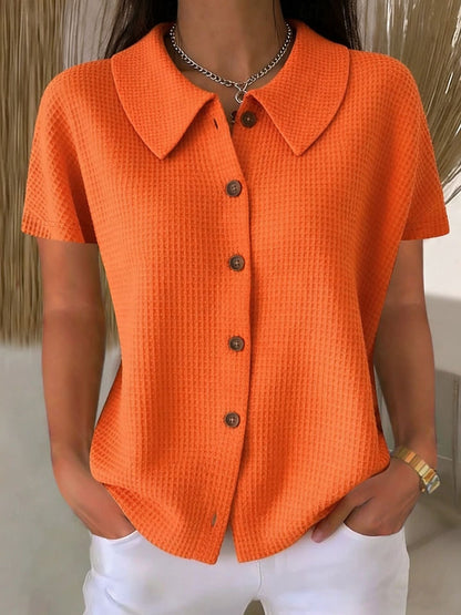 Redemption by Ashley North women's waffle weave short sleeve blouse with turn-down collar and loose fit, casual summer cotton blend top.